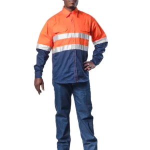 Hi-Viz 100% Cotton Vented Workshirt - Orange/Navy