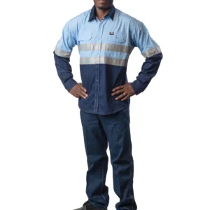 Hi-Viz 100% Cotton Vented Workshirt - Sky/Navy